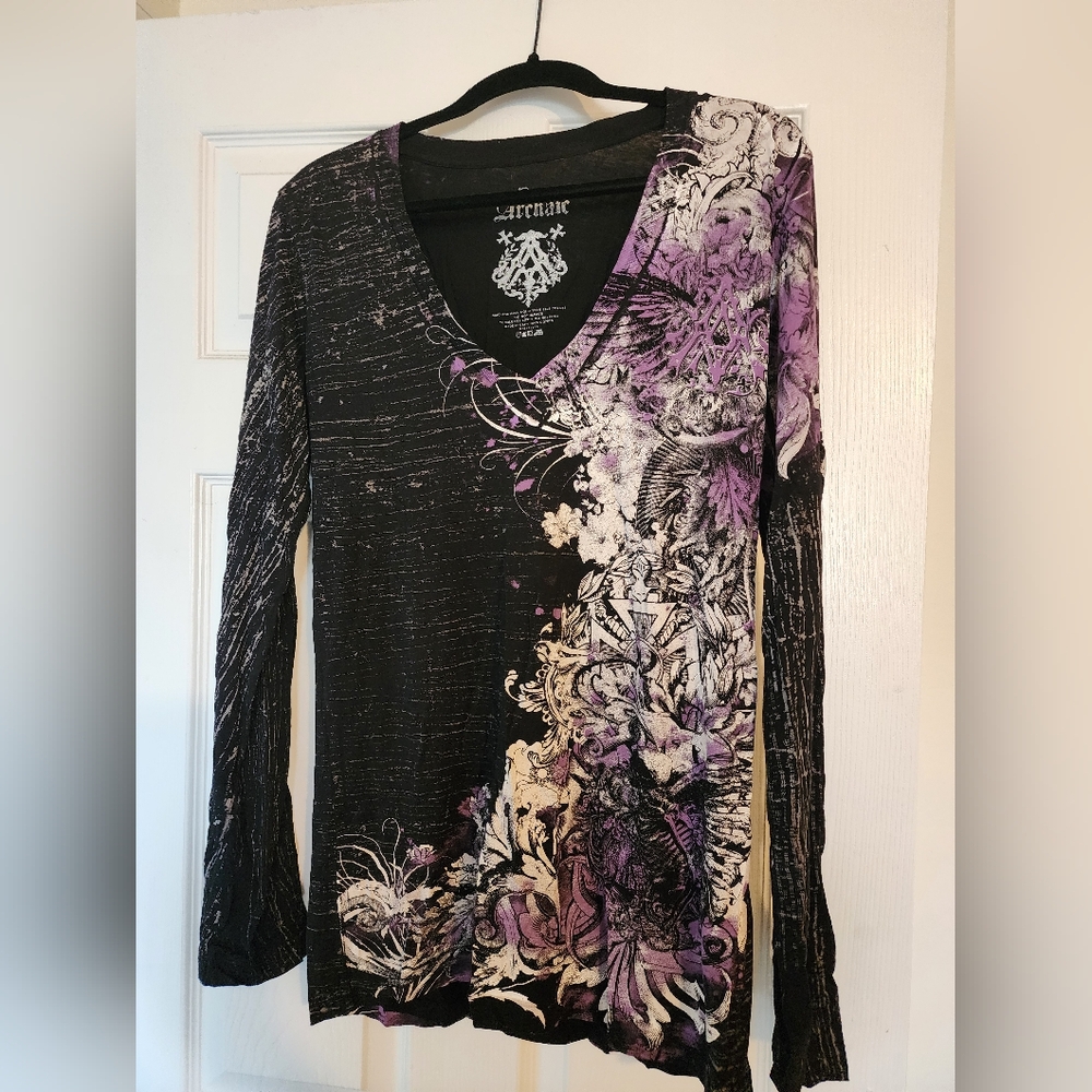 ARCHAIC Black White and Purple Skeleton Long Sleeve Graphic Shirt